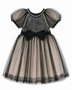 Vestido de tul negro con lunares para niñas, con ribete de perlas, manga abullonada, corte en A, formal, hasta la rodilla - Product Image 3