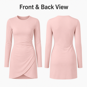 Robe de golf personnalisée OEM pour femmes, rose blush, manches longues, ourlet asymétrique plissé, coupe élégante et ajustée, marque privée - Product Image 3