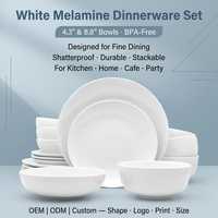 Service de vaisselle en mélamine blanche OEM ODM, assiettes et bols incassables pour restaurant, hôtel, buffet, traiteur