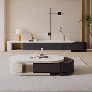 Mesa de centro de panel de roca simple moderna telescópica ovalada de viento crema italiana, mueble de TV, mesa de centro de combinación de sala de estar pequeña - Product Image 1
