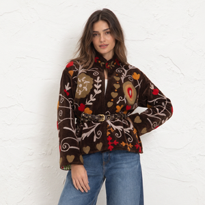 Chaqueta Bomber Tejida a Mano con Bordado Floral Suzani |   Terciopelo Indio Boho |   Reversible y Ecológico |   Lana de Nailon Rajasthani - Product Image 1