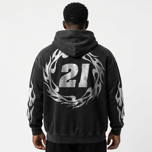 Conjunto de Sudadera con Capucha y Pantalones de Chándal de Talla Grande, 100% Algodón, con Estampado de Llama Negra, Estilo Urbano, de Pierna Ancha y Corte Holgado, para Otoño - Product Image 2