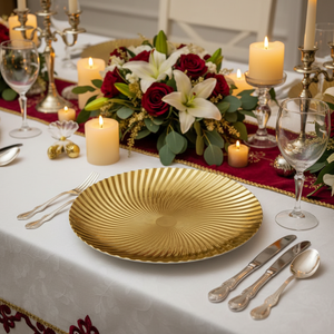 Assiettes de présentation rondes <span class=keywords><strong>élégante</strong></span>s en plastique PP doré, durables, de 13 pouces, avec motifs personnalisés pigmentés, pour mariages - Vente en gros 2026 - Product Image 2