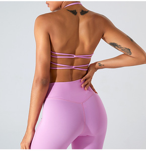 Wholesale Women Halter Neck Sports Bra Multi Thin Strappy Criss <b>Cross</b> Back Hollow Out Removable Pads Pilates Yoga Crop <b>Top</b> - Product Image 3