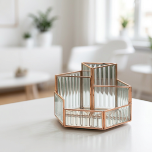 Manufacturers Luxury Brass Framed Flute Glass Cosmetics Storage and Organizer Box for Home Decoration - Product Image 1