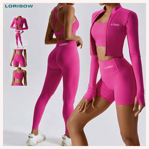 थोक फिटनेस कपड़ों की बट लंबी आस्तीन के सक्रिय सेट जिम महिला के कपड़े 4 टुकड़े योग जिम फिटनेस सेट - Product Image 1