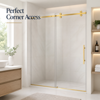 Paroi de douche nordique sans cadre en verre trempé, finition or brillant, avec porte coulissante simple et roulettes dorées lisses pour la maison