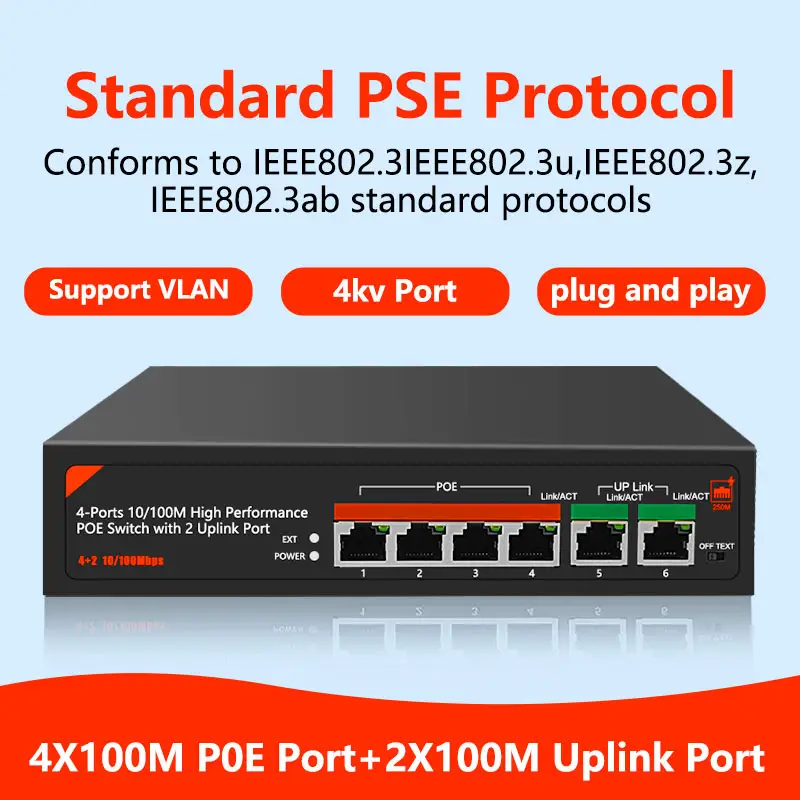 8 Port 10/100M sakelar Ethernet Poe 8 + 2 CH OEM/ODM ie802.3 AF/AT mendukung 48V Vlan sakelar jaringan pintar NVR untuk kamera IP CCTV