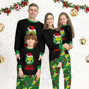 Ensemble <span class=keywords><strong>pyjama</strong></span> de Noël vert <span class=keywords><strong>Grinch</strong></span> Cartoon taille élastique famille <span class=keywords><strong>pyjama</strong></span> assorti pour la saison d'hiver avec logo sur <span class=keywords><strong>le</strong></span> devant - Product Image 2