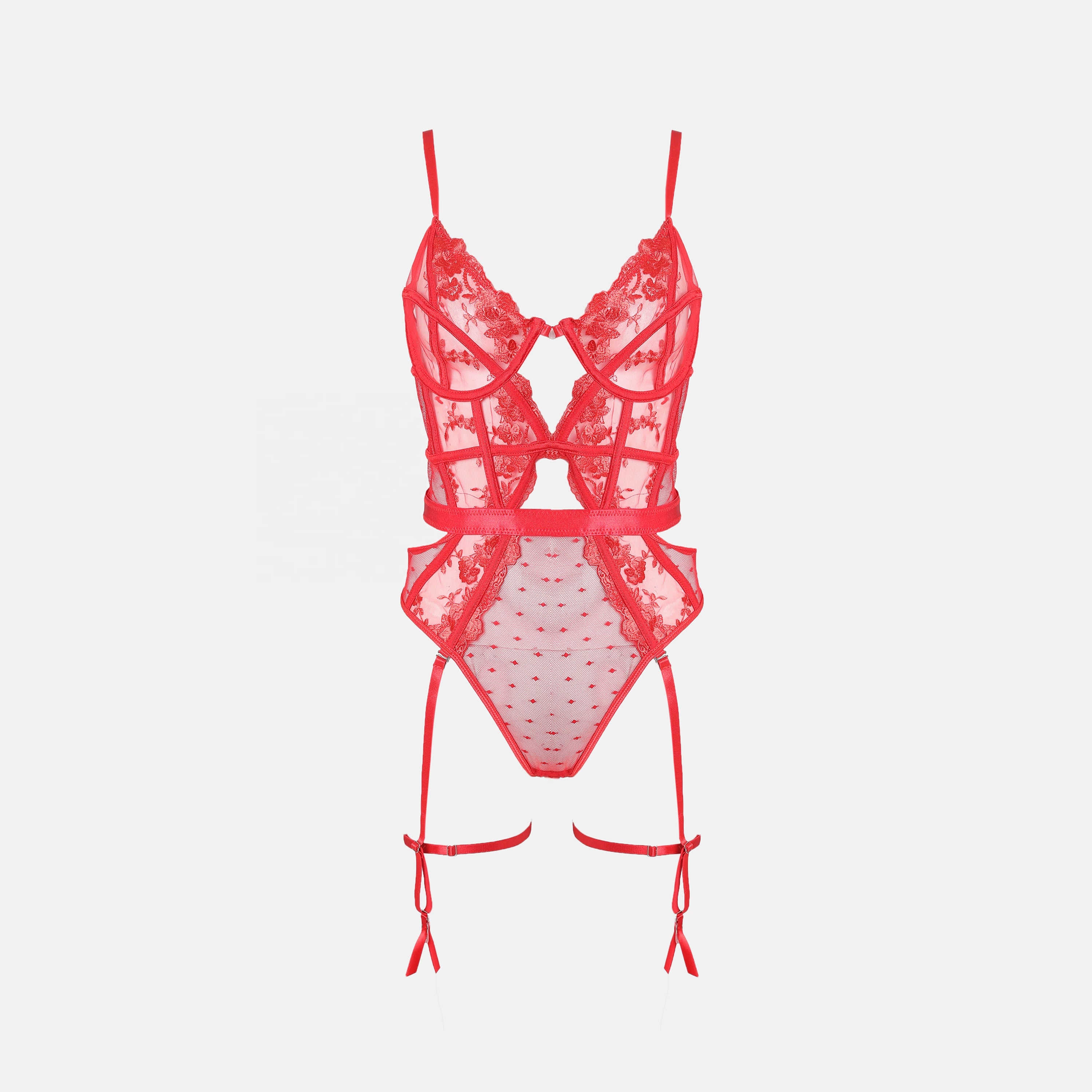 Sexy Teddy & Garter Lingerie - Sheer Lace Bodysuit
