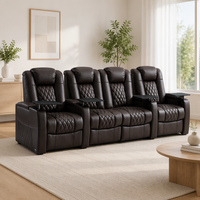 Ensemble de 4 canapés inclinables électriques modernes en cuir véritable avec cadre en bois, 115 pouces de large, pour home cinéma, avec porte-gobelets