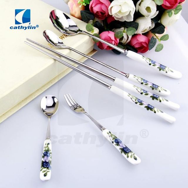 Ceramic Handle Stainless Steel Fork Chopstick Tea Spoon Cutlery Set