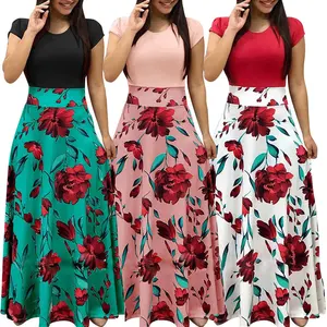Hot-selling European and American style flower print color matching dress long skirt women