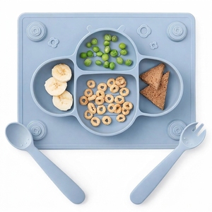 Ensemble d'assiettes à ventouse en silicone pour bébé, <span class=keywords><strong>plateau</strong></span> d'alimentation pour nourrissons avec cuillère et fourchette, plat rectangulaire floral pour tout-petits - Product Image 2