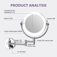 Best Selling Magnifying Adjustable Arm Round Led Light Makeup Mirror Foldable Wall Mounted Bathroom Mirror for Hotel Home