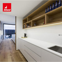 Meubles en bois massif de chêne Alland minimalistes, grand espace, cuisine moderne sur mesure de luxe avec îlot de travail laqué blanc