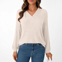 Pull en maille côtelée à col en V avec poignets ballon et ourlet ondulé, haut décontracté uni à manches longues pour femme