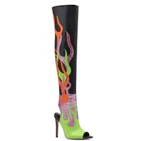 Bottines longues pour femmes, à paillettes mélangées, effet feu, à bout ouvert, talons aiguilles fins, chaussures à flamme, fermeture éclair latérale, bottines longues d'été