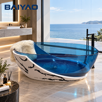 Baignoire autoportante en résine transparente au design sculptural, bleu clair, aspect marbre, pour hôtel et villa