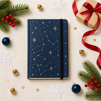 Carnet A5 personnalisé de Noël, couverture rigide élastique en papier grainé bleu marine, motif constellations, estampage à chaud doré, 80 feuilles, reliure filigranée avec ruban