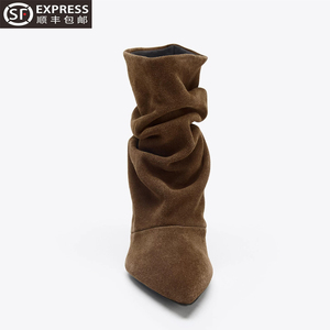 Stivaletti da Donna in <span class=keywords><strong>Camoscio</strong></span> con Punta Affusolata e Tacco Basso, Modello Slouchy Arricciato, <span class=keywords><strong>Stivali</strong></span> Moda Autunno Inverno Marrone Nero - Product Image 3