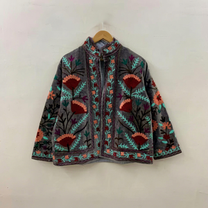 Luxury Gray Velvet <b>Embroidered</b> Suzani <b>Jacket</b> With Floral Pattern Full Sleeve Stand Collar Bohemian <b>Women</b> Autumn Outerwear - Product Image 1