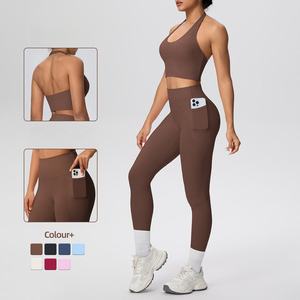 Nouveaux ensembles de yoga et de fitness pour femmes, de haute qualité, taille plus, compression, leggings, soutien-gorge, 5 pièces, tenues de sport avec poches - Product Image 1