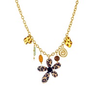 Collier pendentif fleur en acrylique imprimé léopard, chaîne à maillons en acier inoxydable plaqué or, bijoux à pompon pour femme