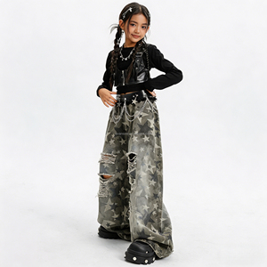 Set Pakaian Streetwear Anak Perempuan, Atasan Crop Top Vest dan Celana <span class=keywords><strong>Jeans</strong></span> Kaki Lebar, Outfit Hip Hop untuk Anak-anak, Dapat Dikustomisasi (OEM) - Product Image 3