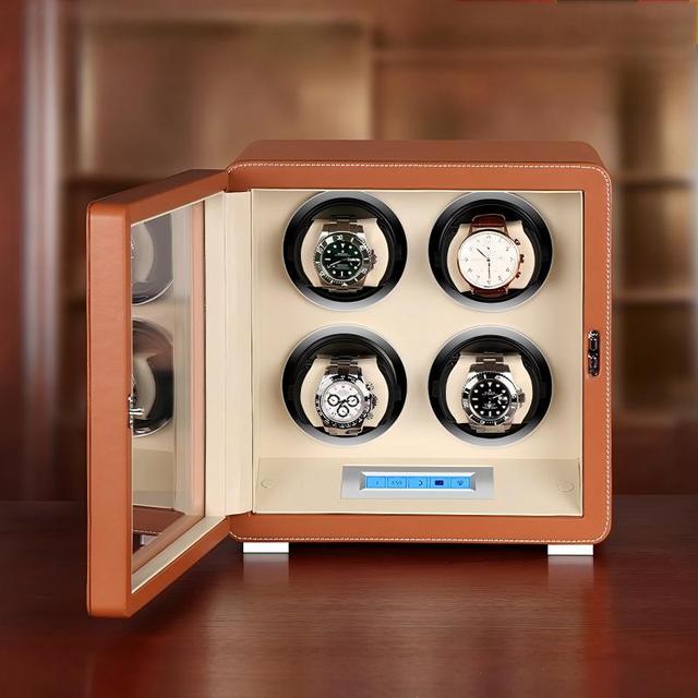 Driklux New Custom Logo  Wood Leather 4 Slots Watch Winder Luxury Case Box Leather Watch Winder Automatic