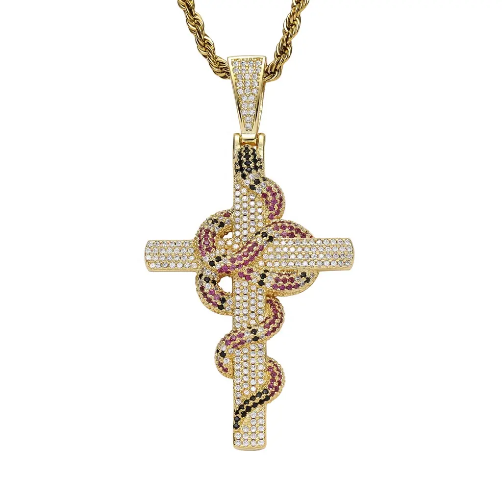 Hip Hop Mens Cross Snake Pendant Necklace Real Gold Plated Iced Out Zircon Stone Brass Pendant Charm Necklace Religious Jewelry