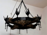 Lustre rustique de style ferme en bois massif et fer forgé, grande taille, hauteur réglable, style bougie torche vintage, suspension centrale