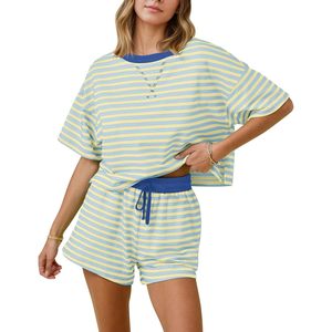 Striped Sleepwear <b>Set</b> For Women Summer <b>2</b> <b>Piece</b> Casual Pajamas Short Sleeve T Shirt And Shorts Outfits Soft Knitted Fabric - Product Image 1
