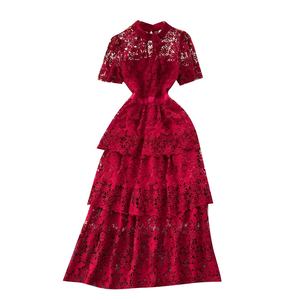 Estate donna leggera matura temperamento rosso del vento pizzo con senso del Design abito a maniche corte gonna lunga peplo a linea ragazza <span class=keywords><strong>Dre</strong></span> - Product Image 6