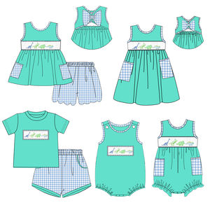 Smocked abbigliamento per bambini vestiti estivi per bambini vestiti per bambini vestiti per bambini con fratelli Set di Crab Beach ricamo per bambina abbigliamento con grembiule - Product Image 2