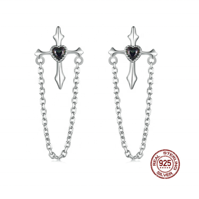 OEM Wholesale Plata 925 Sterling Silver Trendy Girls Luxury Earring Fine Jewelry Black Heart Glass Cross Long Chain Earrings