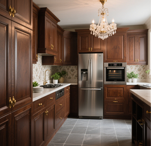 Solid Wood Kitchen Cabinet Rich Brown Gold Accents Custom-Built Classic American Style Modern Features Including Faucet Hinge - Product Image 1