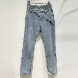 Celana Jeans Tarik Mikro Wanita, Jeans Kasual Potongan Samping Pinggang Tinggi Modis Musim Semi dan Panas