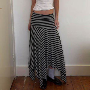 Falda Casual Minimalista a Rayas para Mujer, Cintura Natural, Dobladillo Irregular, Estilo Coreano Vintage, Maxi, Uso Diario, Cómoda - Product Image 1