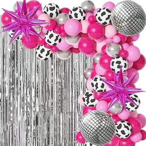 146Pcs Rosa Quente Vaca Imprimir Balões 4D Disco Foil Balloons Arco para 70s 80s Disco Cowgirl Bachelorette Baby Shower Party A3231