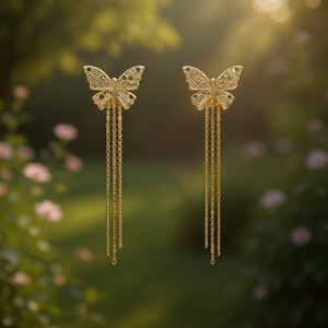 Orecchini a Farfalla Dorata con Nappine Lunghe in Lega Metallica per Donna, Gioielli alla Moda per Feste - Product Image 2