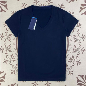 T-shirt da donna in cotone a maniche corte con scollo a V, tinta unita, ricamata, modello americano, modellante, per l'estate - Product Image 2