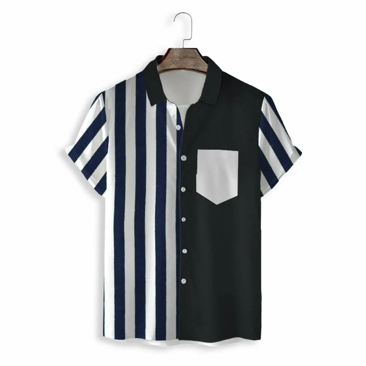 Free Sample Summer Men's Short-sleeved Patchwork Shirt Black White Stripe Shirt Camisas Para Hombre