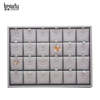 Porte-bijoux portable de qualité supérieure, en cuir PU, gris, 24 cavités, Texture lin, porte-anneau, présentoir de bagues