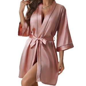 Tenue trois pièces confortable d'été pour femmes Pyjama respirant en satin transfrontalier Short à bretelles avec cordon de serrage Chemise de nuit Matin - Product Image 5