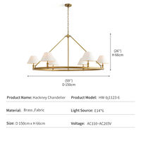 Lustre vintage américain, décoration de salle à manger, métal laiton, abat-jour en tissu blanc, LED 6 lumières, luxe rustique, anneau artistique, lustre Hackney