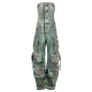 OEM Camouflage Print Collarless Design Meter Multiple Tooling Pockets Fashion Personality Denim Jumpsuit Pants For Women