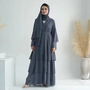 2024 High Quality Big Hem Dubai Elegant Kimono Abaya Women Muslim Dress 3 Layers Chiffon Open Abaya Turkey Islamic Clothing