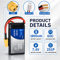 Baterai Lipo 2S 7.4V 1800mAh 60C High Discharge dengan XT60 T Plug untuk Mobil RC, Helikopter, Quadcopter, Pesawat, dan Model Kapal 503040