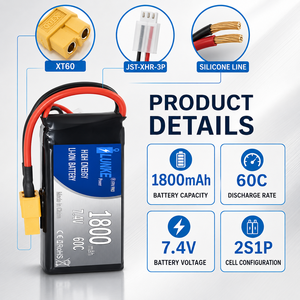 Аккумулятор LiPo 2S 7.4V 1800mAh 60C с высокой токоотдачей и разъемом XT60 T-Plug для радиоуправляемых моделей автомобилей, вертолетов, квадрокоптеров, самолетов, лодок 503040 - Product Image 5